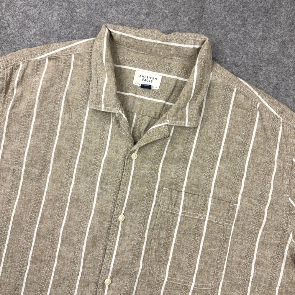 American Eagle Shirt Mens XXL Tan Striped Linen Blend Loop Collar Short Sleeve